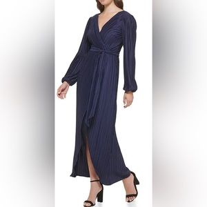 Long Blouson Sleeve V-Neck Pleated Wrap Dress **Purple**